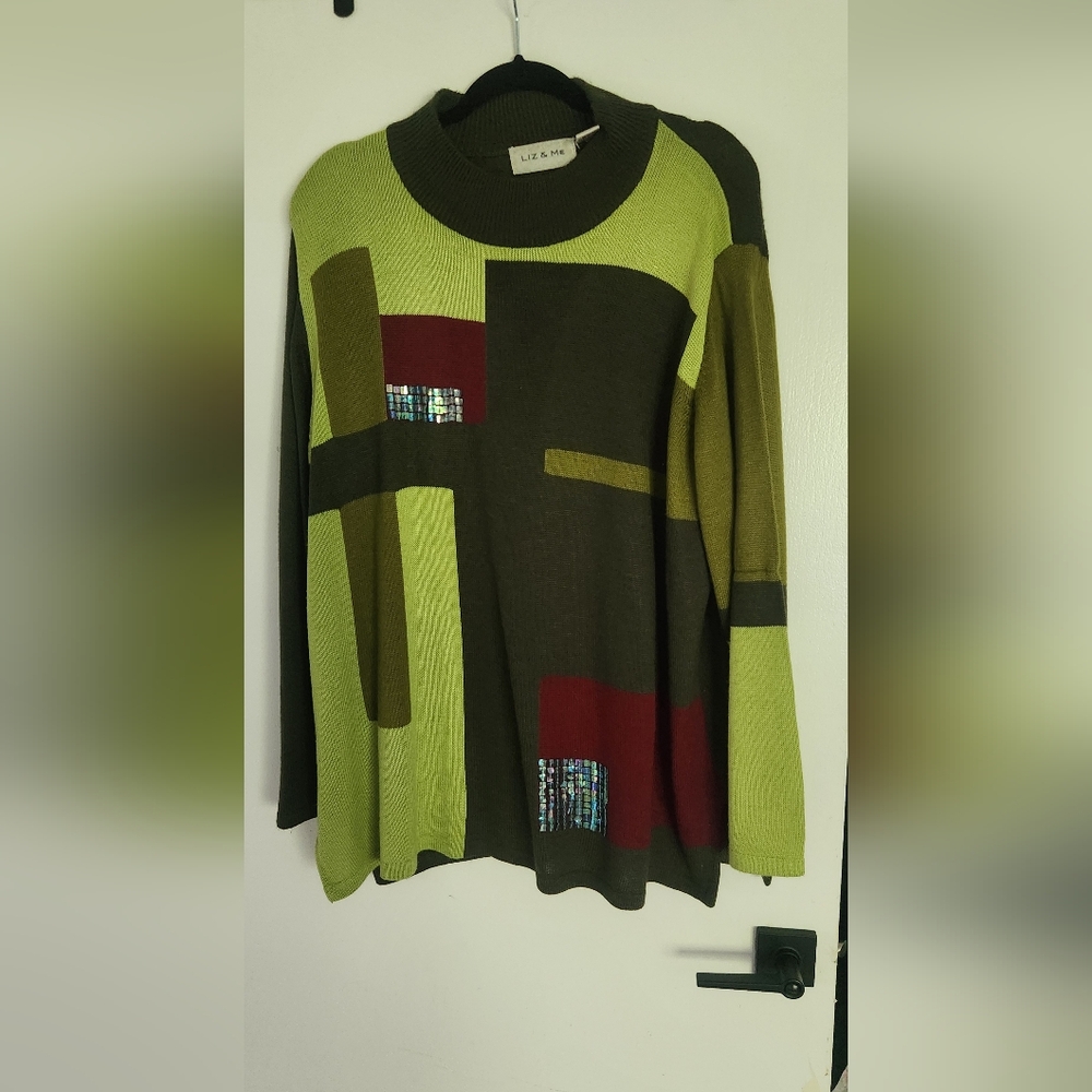 Vintage Green With Maroon Designed Sweater with Sequin Accents